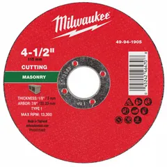 This Type 1 cut-off wheel is made of silicon carbide with a 30 grit, designed for cutting concrete and masonry materials such as block, brick, and stone. It measures 4 1/2 inches in diameter, 1/8 inch thick, with a 7/8 inch arbor hole.