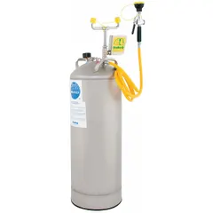 Pressurized portable eyewash station with 15-gallon capacity for emergency eye flushing. Features push-plate activation and includes a drench hose and universal identification sign. Complies with ANSI Z358.1 standards. Water preservative media and contents sold separately.