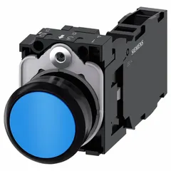 Siemens flush-mount push button from the 3SU series with a non-metallic operator and momentary action. Features a flush profile, 22 mm mounting diameter, and 1NO/1NC contact configuration. Suitable for control panel and machinery applications where a low-profile actuator is required to minimize accidental operation.
