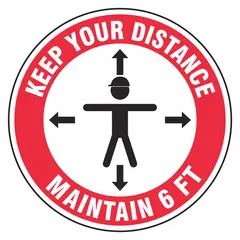 Non-reflective hard hat label with a diameter of 2 1/4 inches, printed in English. Sold as a 10-pack. Used to display safety reminders on hard hats in industrial environments.