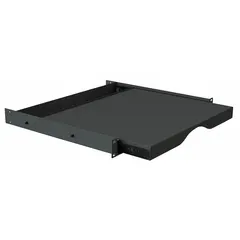This 1U sliding shelf is constructed from steel with a black finish. It provides a pull-out platform for rack-mounted equipment in standard 19-inch racks. The shelf has an overall depth of 15 3/4 inches and an overall height of 1 3/4 inches.