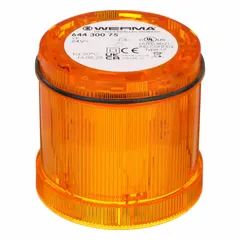 Steady light module for the KombiSIGN 71 series. Provides a continuous yellow visual signal for warning or attention indication in industrial automation and machinery status applications. Operates on 24V DC, with a 70 mm overall diameter and 66 mm overall height. Yellow lens color.