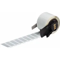 Polyester precut label roll measuring 1 in x 3/8 in. Halogen-free and metal-detectable material properties. Compatible with M610 printer series. Used for industrial identification and traceability in environments requiring contamination control and compliance.