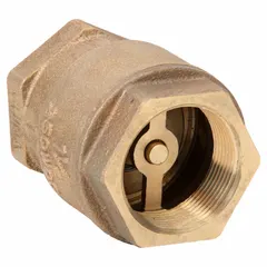 This lead-free bronze inline disc check valve features a swing-type design and a 1-1/2 in pipe size. It is used to prevent backflow in piping systems, allowing flow in one direction only. Suitable for potable water, HVAC, and general industrial applications where lead-free compliance is required.