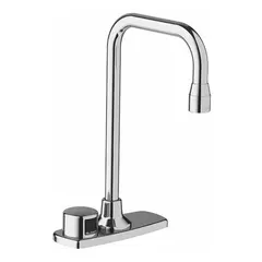 Centerset sensor faucet with brass construction and chrome finish. Features plug-in connection, back-check tee, and solenoid assembly. Designed for touch-free operation in commercial restrooms.