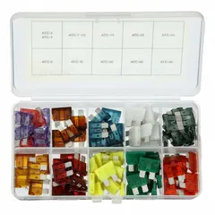 This fuse kit contains ATC series automotive fuses covering a 3 A to 40 A range. No tool is included. Suitable for protecting electrical circuits in cars, trucks, and fleet vehicles during troubleshooting, repairs, and maintenance.