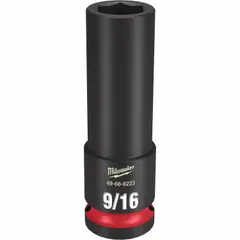 This 1/2" drive deep impact socket features a 9/16" SAE hex size with a 6-point configuration. The black phosphate finish provides corrosion resistance, while the friction ring retention system ensures secure attachment to impact tools. Suitable for high-torque fastening in automotive and industrial applications.