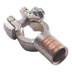 Straight alignment crimp-type battery terminal for 2/0 gauge cable. Copper contact material ensures conductivity. Orange color coding indicates positive polarity. Suitable for industrial battery system connections.