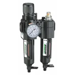 This FRL assembly combines filtration, pressure regulation, and lubrication in a single unit for compressed air systems. It has 3/8 in NPT ports, a flow capacity of 51 cfm, a maximum operating pressure of 250 psi, and a 40 micron filter element. Typical applications include conditioning compressed air to protect downstream pneumatic tools and equipment in industrial settings.