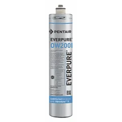 Carbon filter for drinking fountains and beverage machines. Reduces chlorine taste. Flow rate 0.5 gpm, capacity 480 gallons, overall height 17 inches. Quick-connect design.