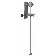 This air-powered propeller mixer features a clamp mounting style for side attachment to drums. It has a 1/4 in female NPT air inlet and operates with two blades. Suitable for mixing paints, chemicals, or adhesives in industrial settings where pneumatic power is preferred.
