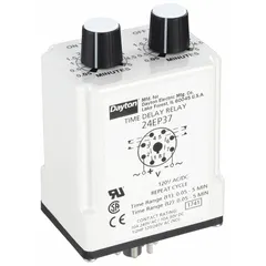 Socket-mounted time delay relay rated for 10 A at 120V AC/DC with 8 pins/terminals. Used in industrial control panels to delay switching of equipment such as motors, conveyors, and lighting, enabling sequenced startup or shutdown in automation and process systems.