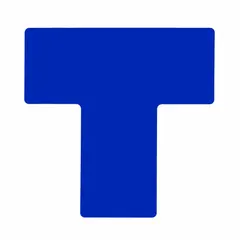 Solid blue T-shaped floor marking tape without legend, made from 8 mil thick polyester. Each sheet measures 4 in x 10 in. Supplied in a 20-pack. Used for visual cues such as designating equipment zones, walkways, or storage areas in industrial facilities.