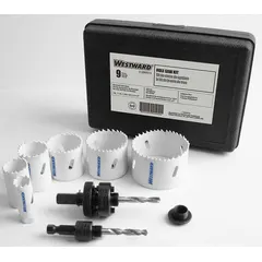This 9-piece hole saw kit features bi-metal construction with 4/6 teeth per inch for cutting through wood, metal, plastic, and drywall. Each saw has a maximum cutting depth of 1-1/2 inches, suitable for general construction and maintenance tasks.