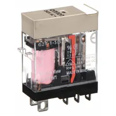Plug-in relay from the G2RS Series with a square base, flat pins, and quick-connect terminals. Rated 10 A at 240V AC with SPDT contact configuration. Suitable for switching loads in control panels, HVAC systems, and automation equipment.
