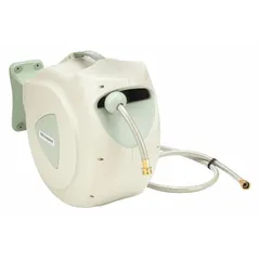 Enclosed garden spring-return hose reel with automatic retraction. Includes 65 ft hose (5/8 in I.D.). 3/4 in FNPT connection. Maximum operating pressure 150 psi. Beige color. Suitable for hose storage and dispensing in maintenance, cleaning, and irrigation applications.
