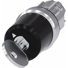This 22 mm panel-mounted key switch from the Siemens 3SU series features a 2-position maintained/maintained switch action with key removal in the left position. Supplied without contacts, it is designed for access-controlled on/off or mode selection in industrial control panels, requiring a key to operate and prevent unauthorized use.