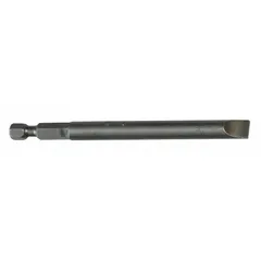 Slotted head impact bit with hex shank for use with impact drivers. Imperial size 10F-12R. Sold in a 5-pack. Suitable for driving slotted screws in assembly and maintenance tasks.