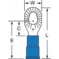 Vinyl-insulated ring terminal rated for 1,000 V. Accepts 16 AWG to 14 AWG wire and fits #10, #6, and #8 stud sizes. Used for secure electrical connections in control panels, machinery, and power distribution systems.