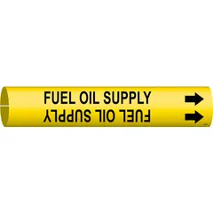 Yellow snap-on pipe marker with black legend reading 'Fuel Oil Supply' and directional arrows. Fits pipe outer diameters from 1-1/2 to 2-3/8 inches. Supplied as a single marker for identifying fuel oil supply lines in piping systems.
