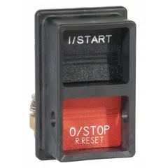 NEMA motor starter push button assembly with start/stop, push button, black/red configuration. Includes an integrated pilot light for status indication. Compatible with C Series. Used for manual on/off control in industrial motor control panels and machinery.
