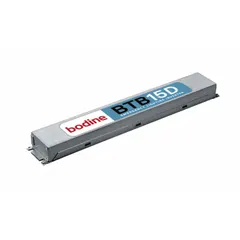 This BODINE emergency lighting inverter provides backup power for LED fixtures during a power failure. It operates on 120/277V AC input and supports a maximum bulb wattage of 15 W. The unit includes lithium ion batteries for extended runtime. Suitable for commercial and industrial applications requiring reliable emergency illumination.