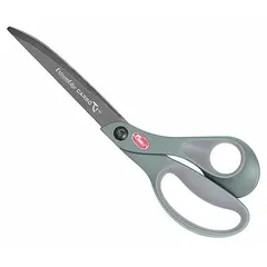 Right-handed offset scissors with 10-inch overall length, straight titanium-bonded blades, pointed tips, and gray finish. Rubber handles reduce hand fatigue. Suitable for cutting textiles, upholstery, and light materials.