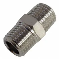 Threaded medium-pressure pipe fitting for connecting two male BSPT-threaded pipes in a straight line. Suitable for industrial fluid and air systems requiring a leak-resistant joint at operating pressures up to 870 psi