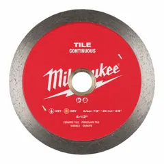 Continuous rim diamond blade for cutting tile, granite, marble, and porcelain. Designed for wet or dry use with angle grinders. 4-1/2 in diameter.