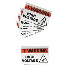 Polyester adhesive sign for marking high voltage hazards. Nominal size 3-1/2 x 5 in, thickness 0.01 in. Not retroreflective, not glow-in-the-dark. Suitable for electrical panels, machinery, and enclosures requiring clear hazard identification. Pack of 5.