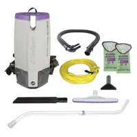 Corded backpack vacuum with 153 cfm airflow for multi-surface cleaning. Features a 2 1/2 gallon bag-type debris collection and operates at 70 dB sound level. Weighs 12 lb for reduced operator fatigue. Suitable for commercial facilities, schools, and hospitality environments