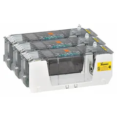 3-pole, 600 V AC open-block-design fuse block for UL Class RK1 and RK5 fuses. Features box-lug terminals and non-indicating design. Used in industrial power distribution, motor control centers, and panelboards for overcurrent protection.