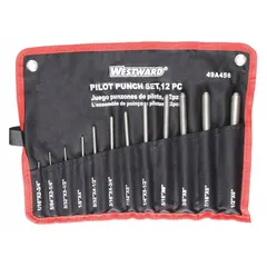 This 12-piece roll pin punch set is constructed from steel and sized for SAE fasteners. It includes a 7/32 pilot punch for alignment. Used to drive out roll pins and spring pins during maintenance and repair of mechanical assemblies.