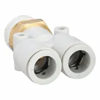 This SMC push-fit wye fitting is made from polybutylene and brass with a white finish. It connects 12 mm OD tubing to a 1/2 in pipe thread, allowing for splitting or combining pneumatic lines in industrial automation systems