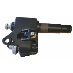 This hydraulic pump is a replacement part for pallet jacks, constructed from steel with a black finish. It provides the hydraulic force necessary for lifting and lowering loads in material handling applications such as warehouses and distribution centers.