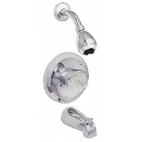 This bathtub spout and fixed showerhead faucet combination features a chrome finish and a traditional design. It includes a fixed showerhead with a single spray pattern and a flow rate of 1.75 gpm. The kit connects via IPS threads and is suitable for use in residential or light commercial bathroom installations