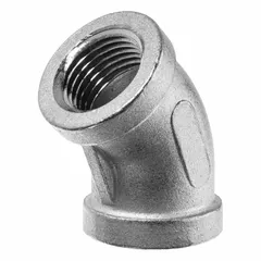 This 45° elbow is a socket weld pipe fitting with socket x socket connections, made from 304 stainless steel. It is rated Class 150 with a maximum operating pressure of 150 psi and accommodates 1 in x 1 in pipe sizes. Used in low-pressure piping systems to change flow direction by 45 degrees, reducing turbulence and stress.