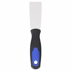 Standard scraper with a stiff, tapered carbon steel blade for general scraping tasks. The straight handle is made of polypropylene/TPR with a rubberized grip. Suitable for removing paint, adhesive, or residue from flat surfaces in maintenance and repair work.