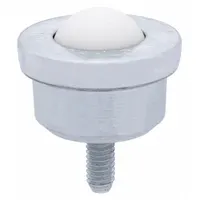 Threaded-stud mount ball transfer with a 1 in diameter Nylon ball and 100 lb load capacity. Features a 1 1/4 in projection and 5/16-18 threaded stud for mounting. Used in material handling systems for omnidirectional movement at conveyor transfer points, workstations, and packaging lines