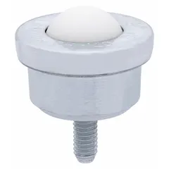 Threaded-stud mount ball transfer with a 1 in diameter Nylon ball and 100 lb load capacity. Features a 1 1/4 in projection and 5/16-18 threaded stud for mounting. Used in material handling systems for omnidirectional movement at conveyor transfer points, workstations, and packaging lines.