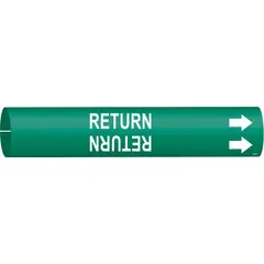 This snap-on pipe marker identifies a return line in industrial piping systems. It features a green background with white legend and directional arrows, fitting pipe outer diameters from 2-1/2 to 3-7/8 inches. Supplied as a single marker, it is used for clear pipe content identification in facility piping networks.