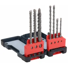This SDS-Plus drill bit set includes five bits in sizes 3/16 in, 1/4 in, 5/16 in, 3/8 in, and 1/2 in, each with a 6 in overall length. Designed for drilling into concrete and masonry, the set is suitable for anchor installation and general construction tasks.