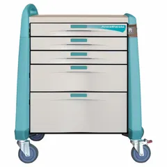 This polymer medical procedure cart features a green cabinet and five drawers for organized storage of supplies and instruments. The caster configuration includes one swivel with brake and three swivel casters, allowing secure positioning and easy mobility in clinical environments.