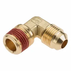 Brass flared/threaded 45-degree elbow fitting for connecting 1/4 in OD tubing to 1/8 in pipe threads. Meets SAE J512 standards. Used in hydraulic, pneumatic, and fluid transfer systems to provide leak-resistant seals in industrial equipment.