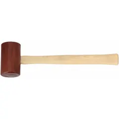 This rawhide mallet features a natural rawhide head and a wood handle. With a 24 oz head weight, 1-1/2 in diameter, and 17 in overall length, it is suited for striking chisels, punches, and assembly tasks where a non-marring impact is required.