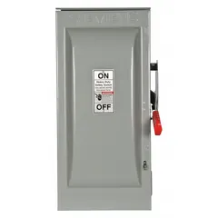 The Siemens HF223NR is a 100 A, single-phase fusible safety switch rated for 240V AC. It features a galvanized steel enclosure suitable for both indoor and outdoor use. This switch is used to safely disconnect power for maintenance or emergency shutdown in industrial and commercial power distribution systems.