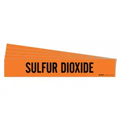 Adhesive pipe marker for identifying pipes carrying sulfur dioxide. Orange background with black legend text. Fits pipe outer diameter 8 inches and larger. Supplied without directional arrows. Pack of 5.