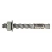 Steel wedge anchor with 5/8" diameter, 6" overall length, 5/8"-11 thread size, and 4" thread length. Hot dipped galvanized finish for corrosion resistance. Designed for fastening into solid concrete