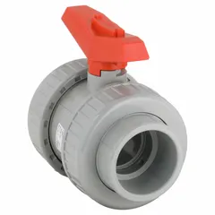 This two-piece CPVC ball valve features a straight body with socket x FNPT connections and a lever handle for manual operation. It is used to start, stop, or redirect flow in piping systems handling corrosive fluids, common in chemical processing and water treatment applications.