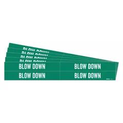 Green adhesive pipe markers with white 'Blow Down' legend, designed for identifying blow-down discharge pipes in boiler or steam systems. Each marker fits pipe outer diameters from 3/4 to 2-3/8 inches. Pack includes 4 markers without directional arrows, sold in a 5-pack. Suitable for indoor or outdoor industrial environments.